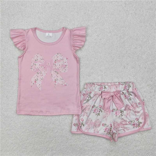 6.6 GSSO1702  Flutter sleeves floral bow top shorts kids girls clothing