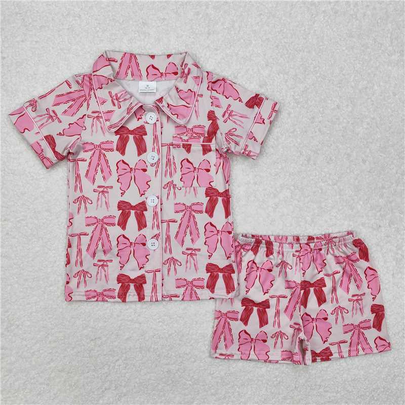 GSSO1718 Baby Girls Pink Bows Pocket Lapel Buttons Shirt Shorts Pajamas Sets