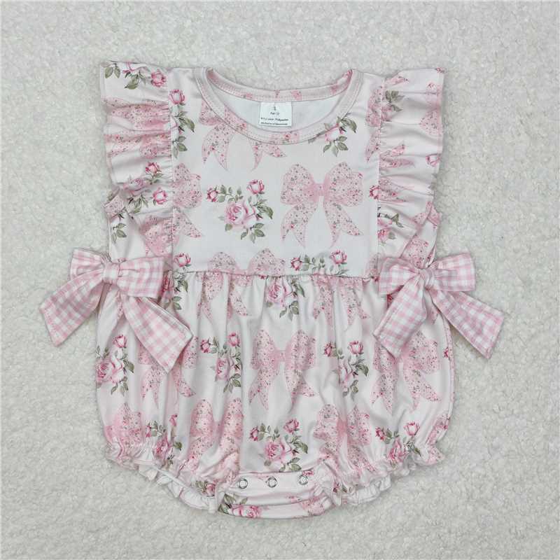 RTS NO MOQ Baby Girls Summer Bodysuit SR2379 Pink Flowers Flutter Sleeve Bows Rompers