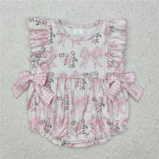 RTS NO MOQ Baby Girls Summer Bodysuit SR2379 Pink Flowers Flutter Sleeve Bows Rompers