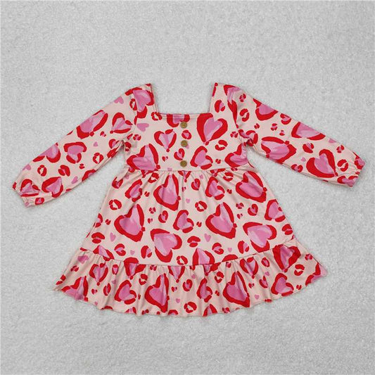 RTS NO MOQ Baby Girls Long Sleeve GLD0873 Valentines Hearts Red Knee Length Dresses