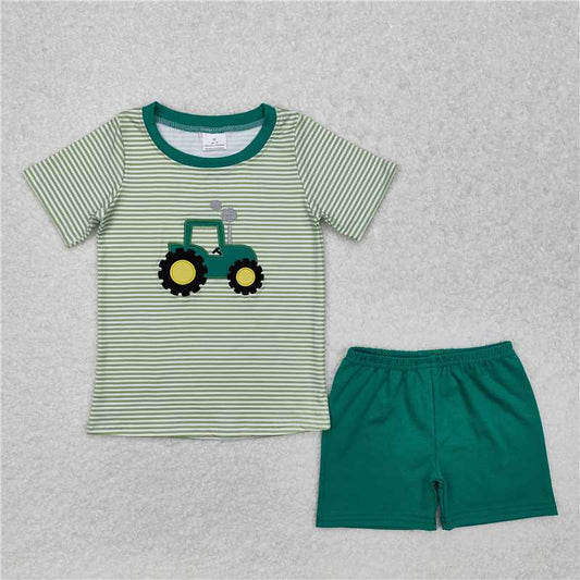 RTS NO MOQ Baby Boys kids Summer Sets BSSO1184 Farm Tractor Green Striped Short Sleeve Shorts Outfit