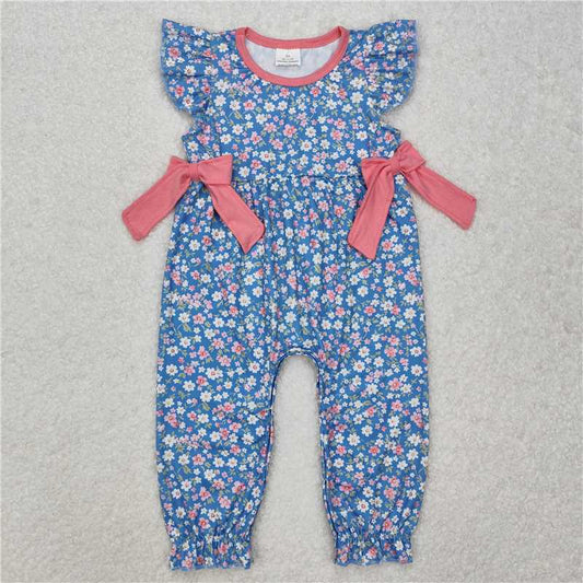 RTS NO MOQ Baby Girls Summer Bodysuit SR2166 Navy Pink Flowers Bows Flutter Sleeve Rompers