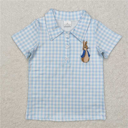 RTS NO MOQ Summer Baby Boys Shirt BT1095 Blue Checkered Easter Rabbit Short Sleeve Tee Shirts Tops