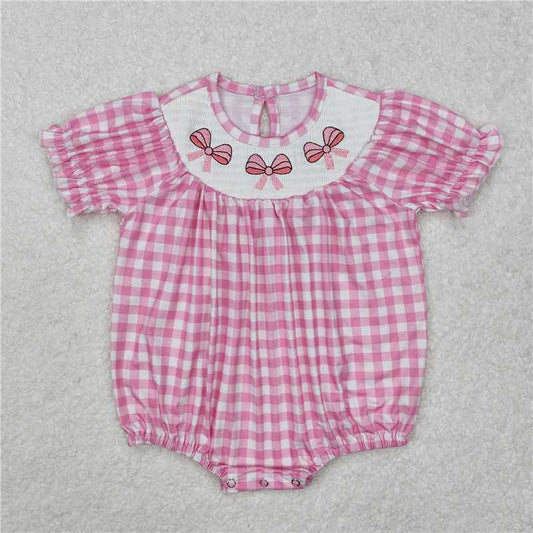7.11 RTS NO MOQ Summer Baby Girls Bodysuit SR2325 Pink Checkered Bows Smocked Rompers