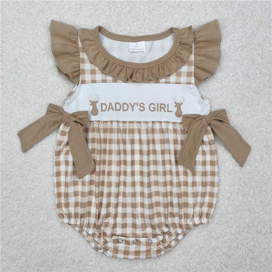 RTS NO MOQ Baby Girls Summer Bodysuit SR2300 Daddy's Girl Khaki Deers Bows Flutter Sleeve Rompers