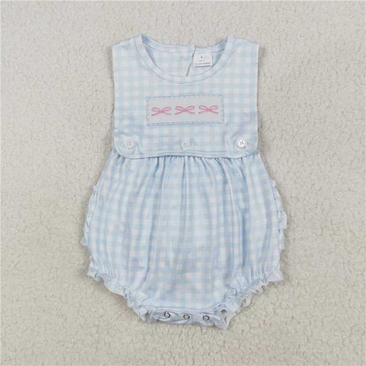 7.11 RTS NO MOQ Summer Baby Girls Bodysuit SR2203 Blue Checkered Bows Sleeveless Rompers