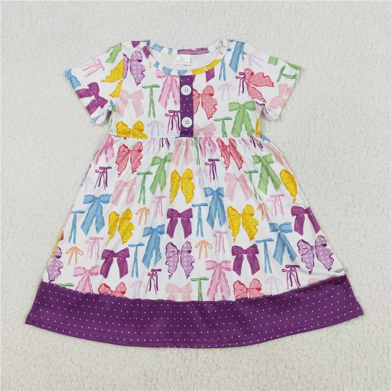 GSD1834 Baby Girls Colorful Coquette Bows Short Sleeve Purple Dresses