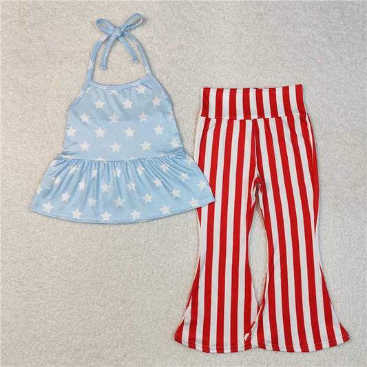 RTS NO MOQ Baby Girls Summer Kids Sets GSPO1974 4th Of July Stars Halter Tunic Bell Pants Clothes Sets