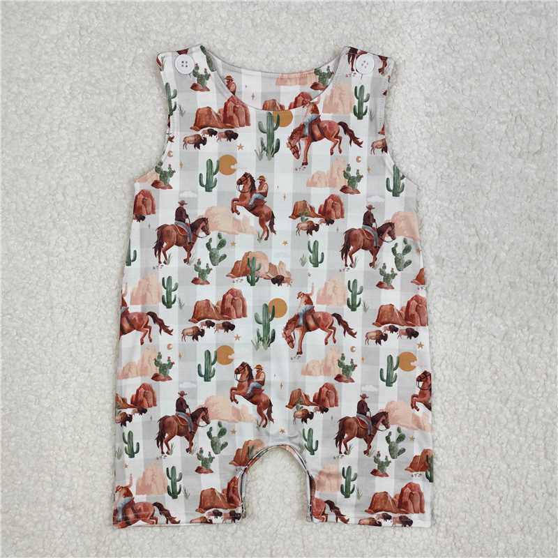RTS NO MOQ Baby Boys Summer Bodysuit SR2538 Western Sleeveless Cow Rodeo Cactus Rompers
