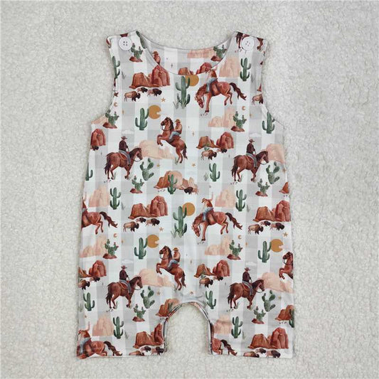 RTS NO MOQ Baby Boys Summer Bodysuit SR2538 Western Sleeveless Cow Rodeo Cactus Rompers