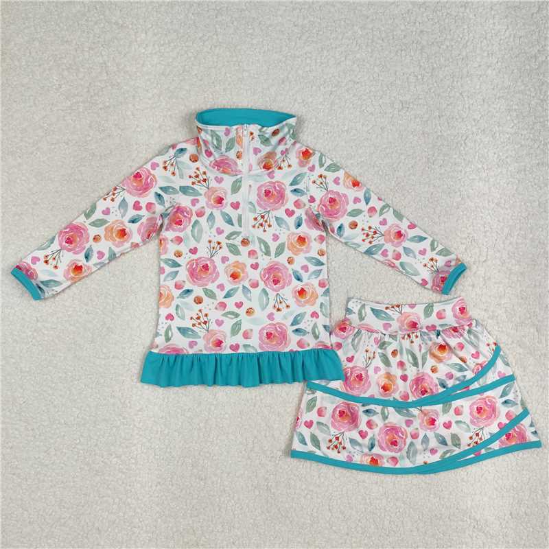 RTS NO MOQ Baby Girls Long Sleeve Outfits GLD1009 Blue Jacket Skorts ruffle floral pullover Sets