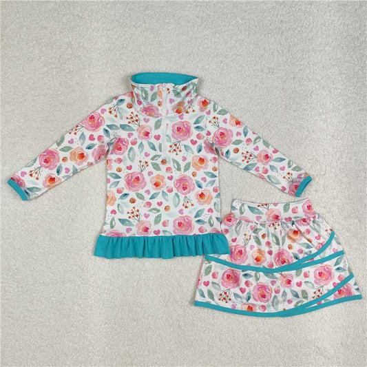 RTS NO MOQ Baby Girls Long Sleeve Outfits GLD1009 Blue Jacket Skorts ruffle floral pullover Sets