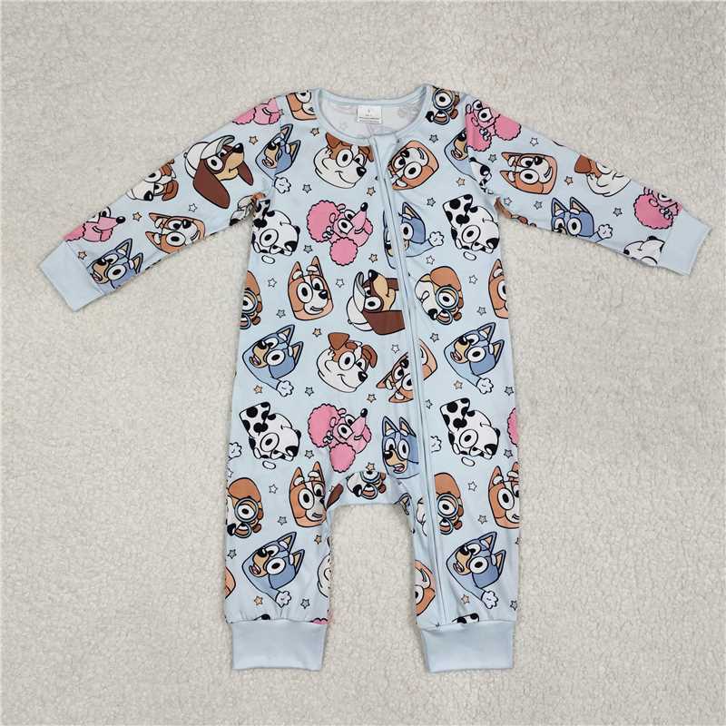 RTS NO MOQ Baby Boys Bodysuit LR2062 Long Sleeve Blue Cute Dogs Zip Rompers