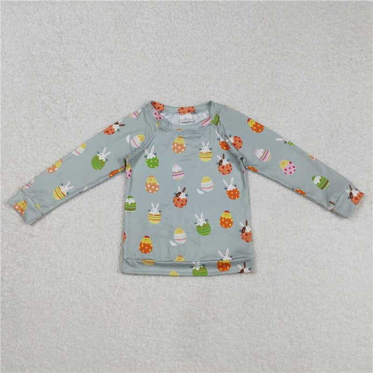 RTS NO MOQ Baby Boys Long Sleeve BT1137 Easter Green Rabbits Eggs Raglan Tops