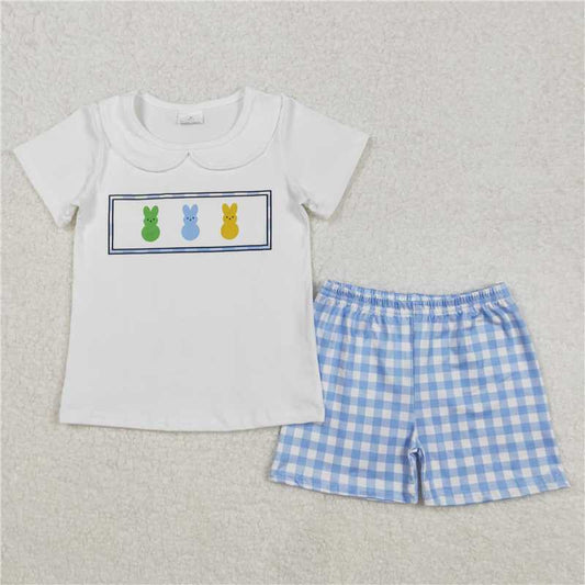RTS NO MOQ Baby Boys kids Summer sets BSSO1243 White short-sleeved blue plaid shorts suit with baby collar