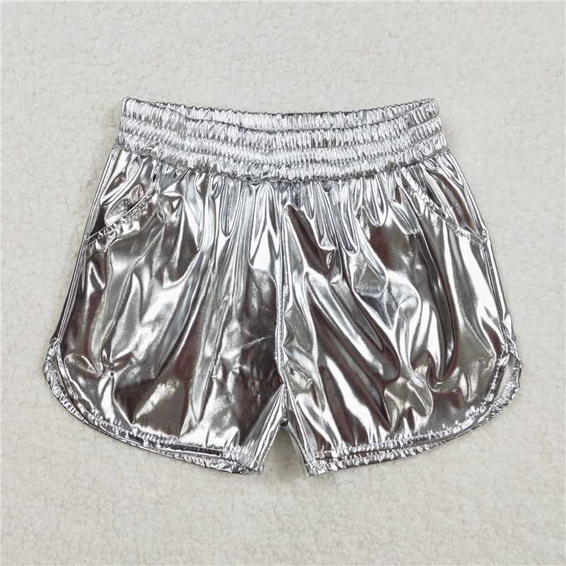 RTS NO MOQ Baby Girls Summer Pants SS0416 Silver Pocket Leather Elastic Bottom Shorts