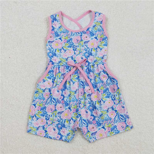 RTS NO MOQ Summer Baby Girls Bodysuit SR2521 Blue Pink Flowers Sleeveless Bows Shorts Jumpsuits