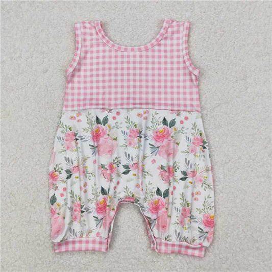 RTS NO MOQ Baby Girls Summer Bodysuit SR2678 Pink Checkered Flowers Sleeveless Rompers