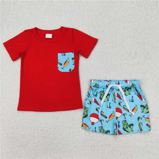 RTS NO MOQ Baby Boys kids Summer sets BSSO1289 Fishing Float Pocket Red and Blue Short Sleeve Shorts Set