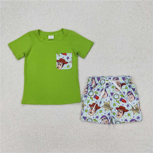 RTS NO MOQ Baby Boys kids Summer sets BSSO1370 Star Toy  Pocket Green Short Sleeve Shorts Set