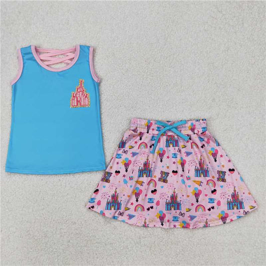 RTS NO MOQ Baby Girls Summer Sets GSD2072 Blue Sleeveless Castle Princess Shirt Skort Skirt Clothes Sets