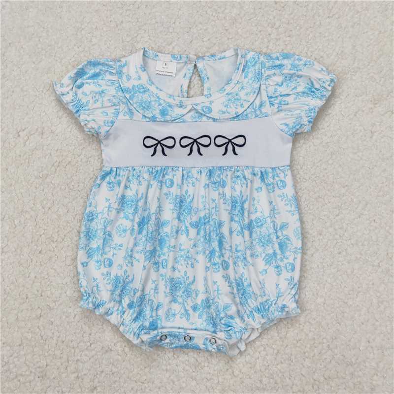 RTS NO MOQ Baby Girls Summer Bodysuit SR2784 Blue Short Sleeve Flowers Bows Rompers