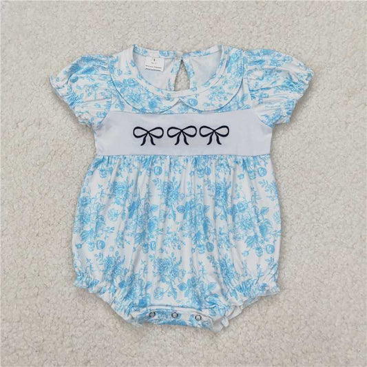 RTS NO MOQ Baby Girls Summer Bodysuit SR2784 Blue Short Sleeve Flowers Bows Rompers