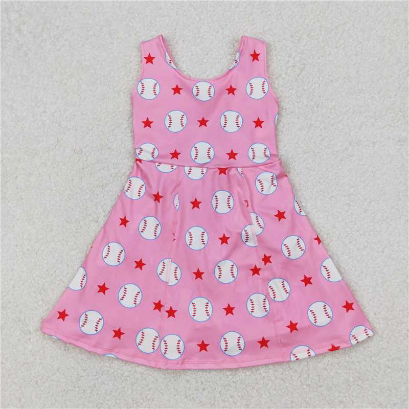 RTS NO MOQ Summer Baby Girls Dresses GSD2135 Baseball Stars Yoga Active Wear Skort Knee Length Dresses
