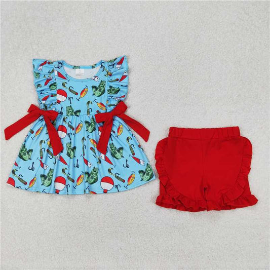 RTS NO MOQ Baby Girls Summer Sets GSSO2097 Fishing Float Bows Tunic Top Ruffle Shorts Clothes Sets