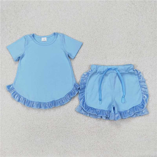 RTS NO MOQ Baby Girls Summer Sets GSSO2183 Blue Cotton Top Ruffle Shorts Clothes Sets