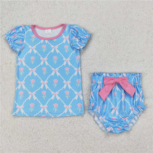 RTS NO MOQ Baby Girls Summer Outifts GBO0461 Blue Pink Flowers Bows Top Bummies Clothes Sets