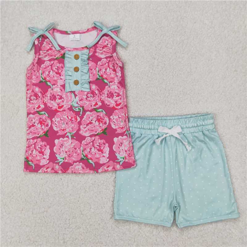 RTS NO MOQ Baby Girls Summer Sets GSSO2356 Pink Sleeveless Floral Button Top Aqua Shorts Set