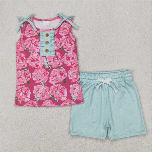 RTS NO MOQ Baby Girls Summer Sets GSSO2356 Pink Sleeveless Floral Button Top Aqua Shorts Set