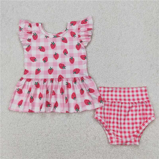 RTS NO MOQ Baby Girls Summer Outifts GBO0264 Strawberry Top Pink Checkered Bummies Clothes Sets