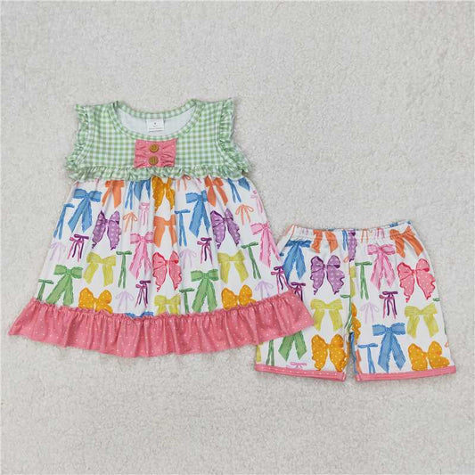 RTS NO MOQ Baby Girls Summer Sets GSSO2089 Colorful Bows Tunic Top Ruffle Shorts Clothes Sets
