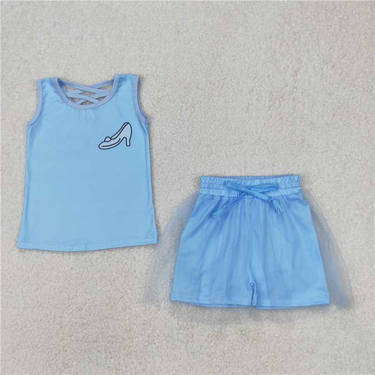 RTS NO MOQ Baby Girls Summer Sets GSD2063 Light Blue Princess Shirt Skirt Clothes Sets