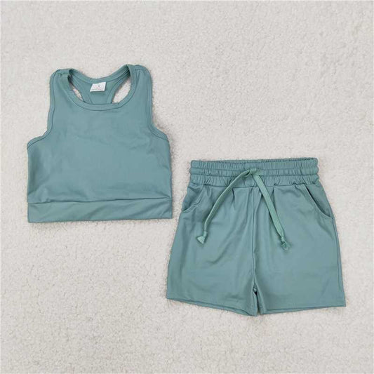 RTS NO MOQ Baby Girls Summer Sets GSSO2133 Green Vest Top Yoga Sports Shorts Clothes Sets