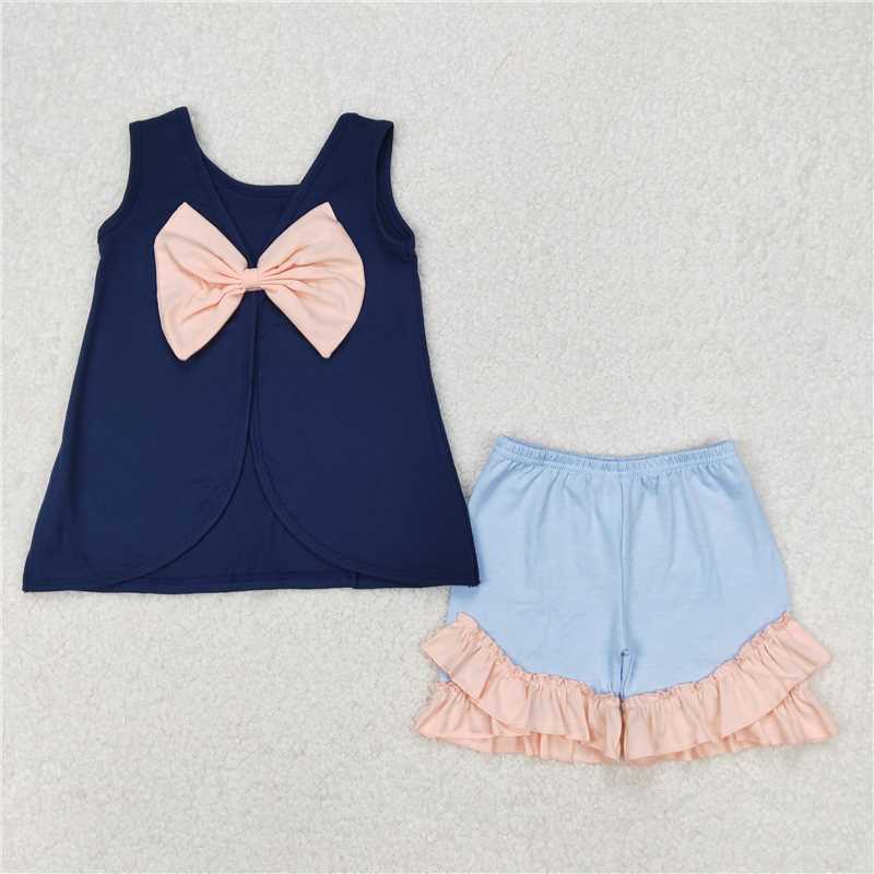 RTS NO MOQ Baby Girls Summer Sets GSSO2272 Navy Big Bow Back Tunic Tops Ruffle Shorts Clothes Sets