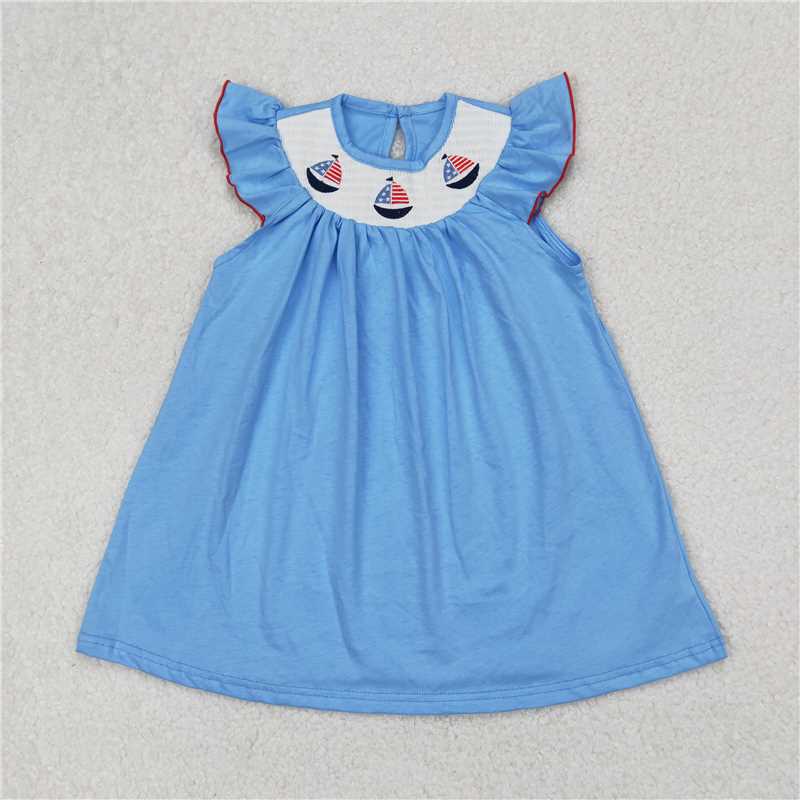 RTS NO MOQ Summer Baby Girls Dresses GSD1818 Smocked Baby Girls 4th Of July Sailboats Knee Length Dresses