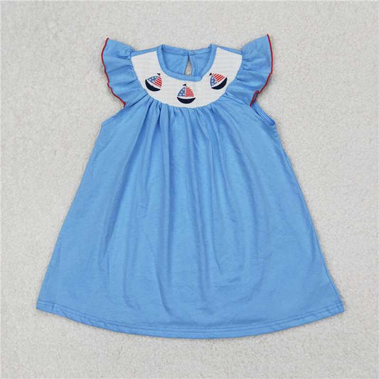 RTS NO MOQ Summer Baby Girls Dresses GSD1818 Smocked Baby Girls 4th Of July Sailboats Knee Length Dresses