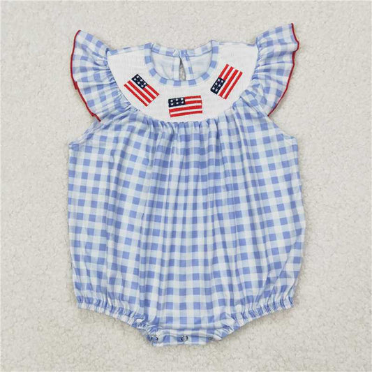RTS NO MOQ Baby Girls Summer Bodysuit SR2571 Light Blue Plaid 4th Of July Flags Sleeveless Rompers
