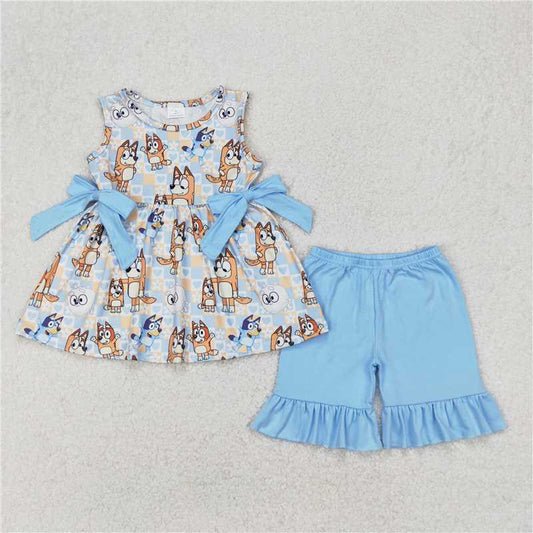 RTS NO MOQ Baby Girls Summer Sets GSSO2223  Sleeveless light Blue Dogs Flowers Bows Tunic Shorts Clothes Sets