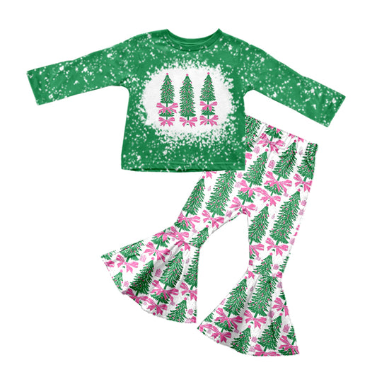 MOQ:5  Green Christmas Tree Long Sleeve Wholesale Boutique Kid Clothing Set