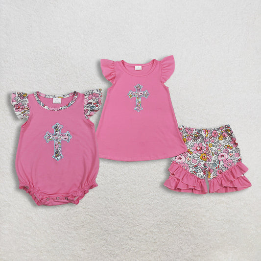 RTS Sibling Baby Girls Kids Short Sleeves Embroidery Cross Flower Shorts Easter Set Romper