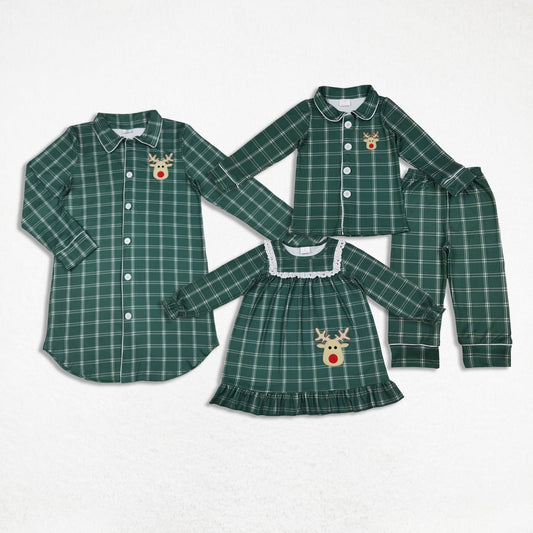 RTS Sibling Boys Girls Adult Women Christmas Embroidery Deer Green Plaid Dress Pajamas Shirt Set