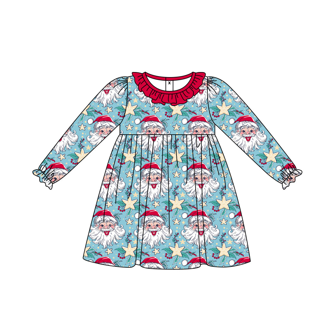 MOQ:5 Blue Santa Girl Long Sleeve Wholesale Boutique Kid Clothing Kid Dresses