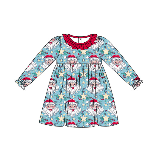 MOQ:5 Blue Santa Girl Long Sleeve Wholesale Boutique Kid Clothing Kid Dresses