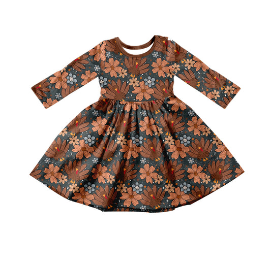 MOQ:5 Brown floral Girl Long Sleeve Wholesale Boutique Kid Clothing Kid Dresses