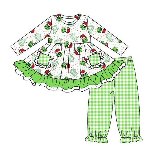 MOQ:5  Green Ruffle Cute Kid Long Sleeve Wholesale Boutique Kid Clothing